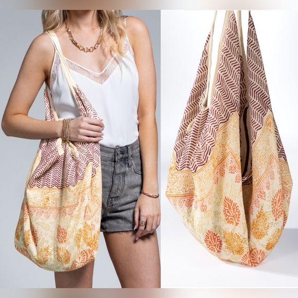 Ruggine Handbags - Boho Chic Beach Yoga Hobo Shoulder Bag - 100% Cotton - Paisley Handblock Design